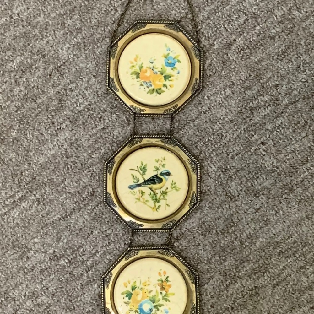 Victorian Brass & Porcelain Wall Hanging Pictures Birds & Flowers